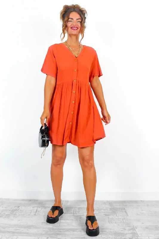 Beat You To It - Orange Button Up Smock Mini Dress