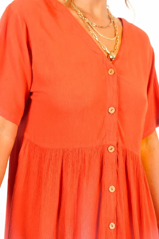 Beat You To It - Orange Button Up Smock Mini Dress