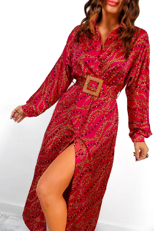 Cant Be Chained - Raspberry Chain Print Midi Dress