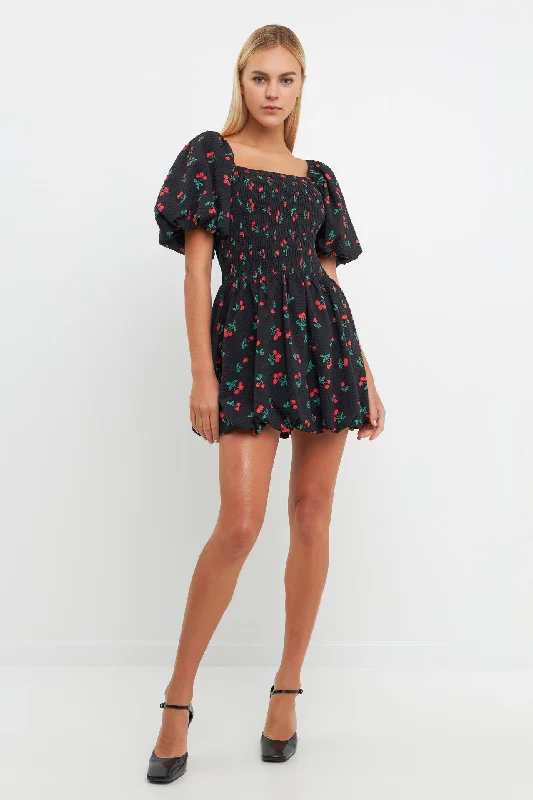 Cherry Print Smocked Mini Dress