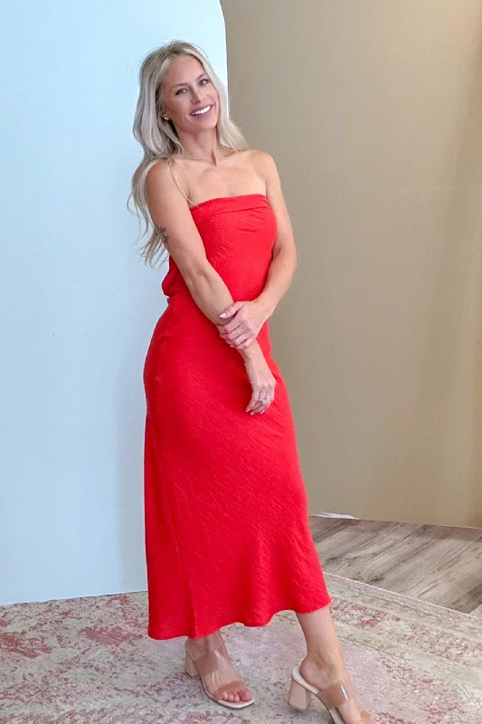 Chic Outing Red Strapless Midi Dress