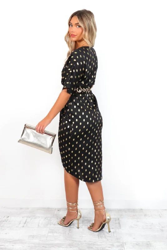 Cocktail OClock - Black Gold Foil Spot Midi Dress