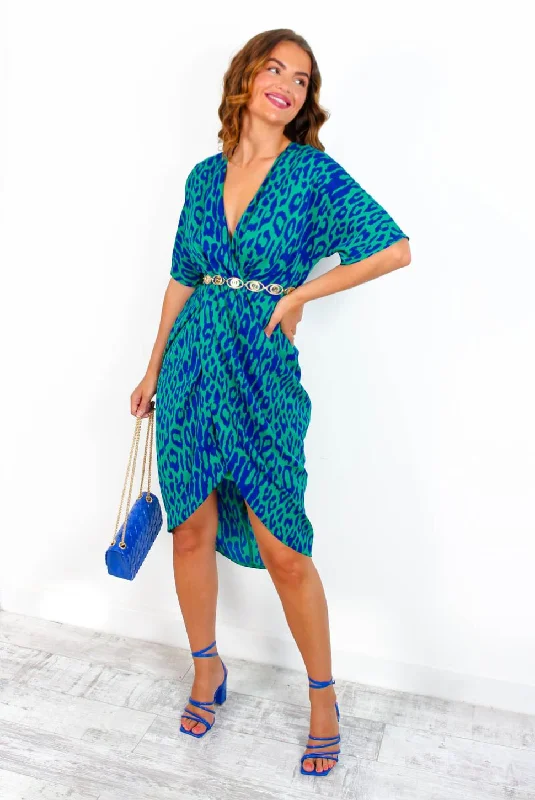 Cocktail OClock - Blue Green Leopard Midi Dress