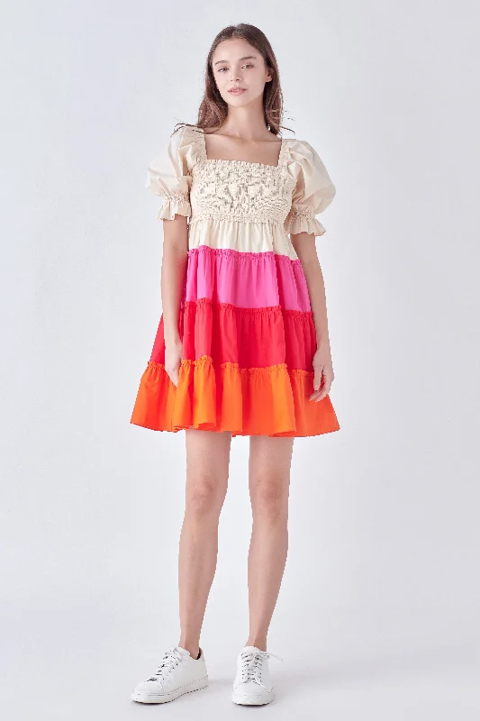 Colorblock Smocked Puff Sleeve mini