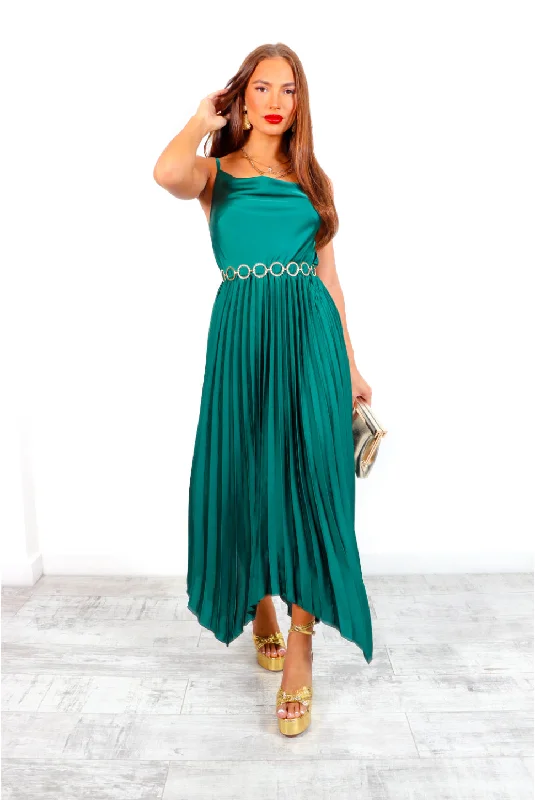 Cowl Me Maybe? - Forest Cowl Neck Satin Pleated Midi Dress