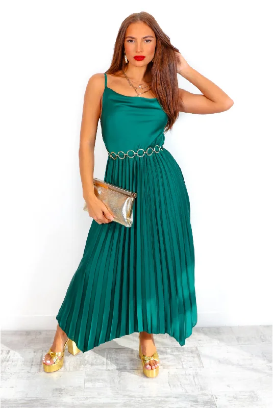 Cowl Me Maybe? - Forest Cowl Neck Satin Pleated Midi Dress