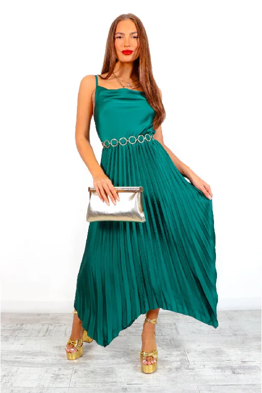 Cowl Me Maybe? - Forest Cowl Neck Satin Pleated Midi Dress