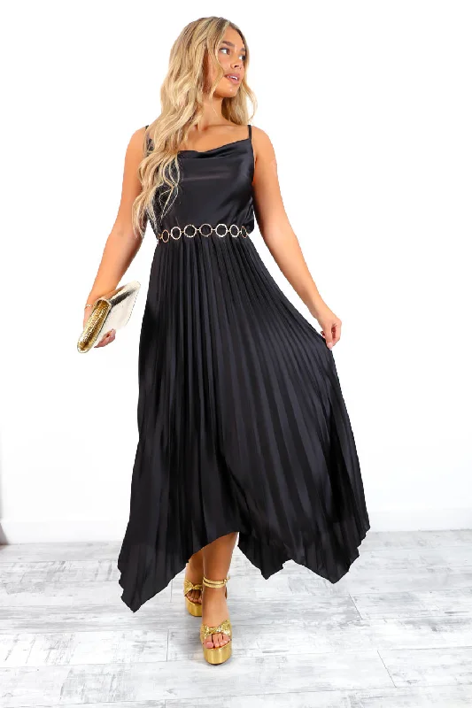 Cowl Me Maybe? - Black Cowl Neck Satin Pleated Midi Dress