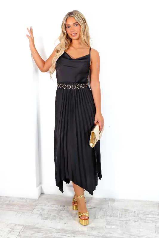 Cowl Me Maybe? - Black Cowl Neck Satin Pleated Midi Dress