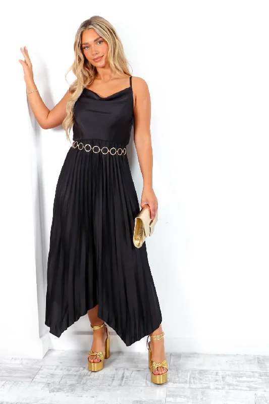 Cowl Me Maybe? - Black Cowl Neck Satin Pleated Midi Dress