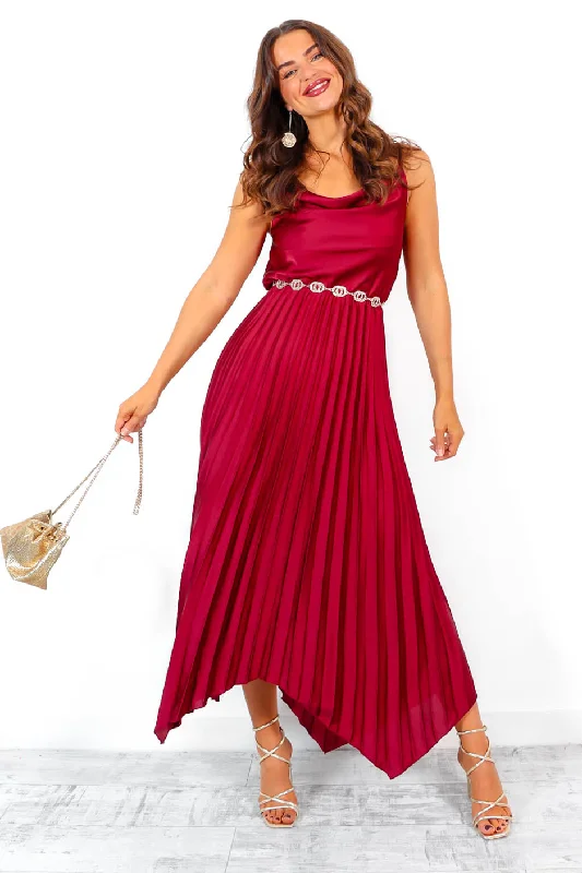 Cowl Me Maybe? - Wine Cowl Neck Satin Pleated Midi Dress