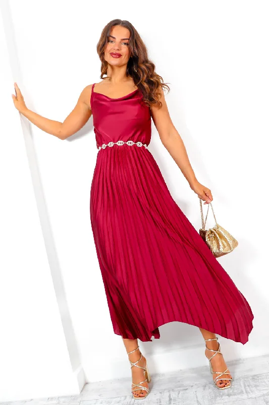 Cowl Me Maybe? - Wine Cowl Neck Satin Pleated Midi Dress