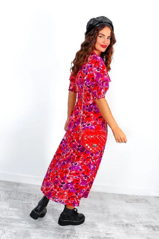 Cuff it Up - Red Purple Floral Print Midi Dress