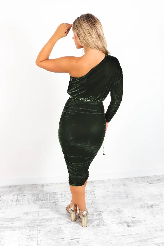 Dare To Glam - Forest Velvet One Shoulder Midi Dress