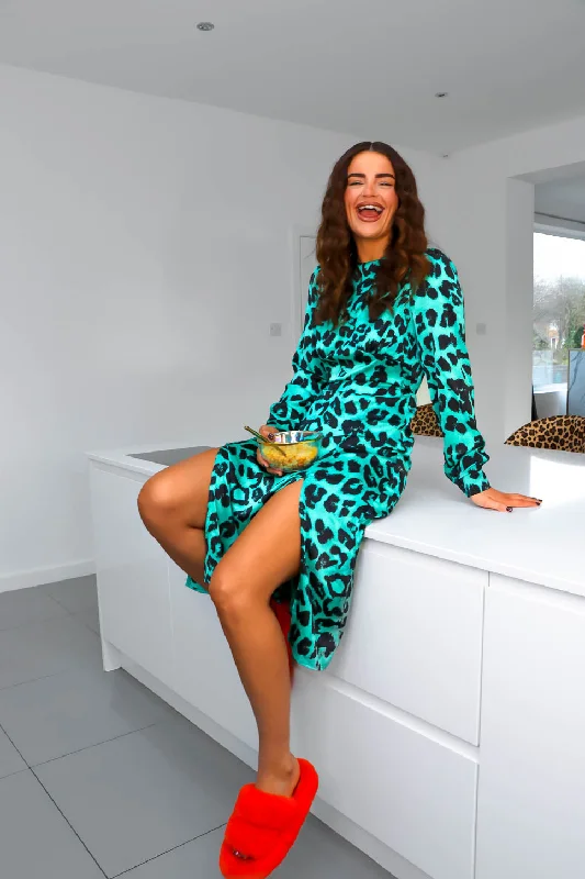 Dont Give A Glam - Sea Green Leopard Midi Dress