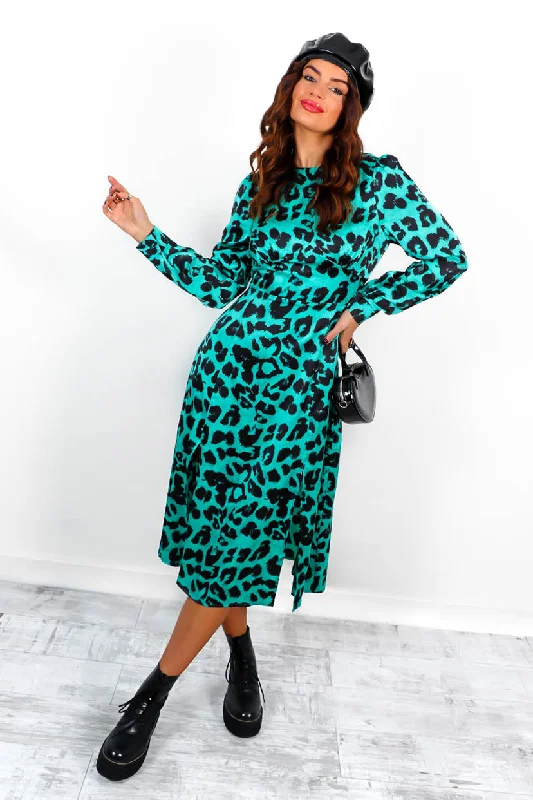 Dont Give A Glam - Sea Green Leopard Midi Dress