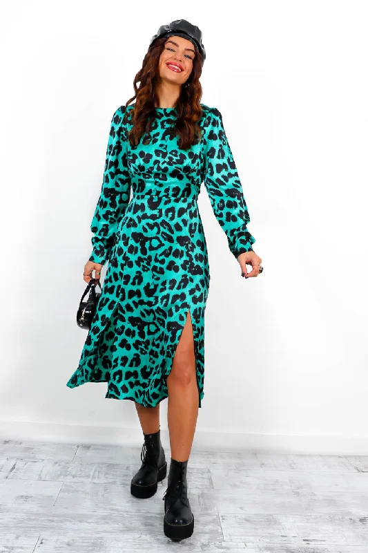 Dont Give A Glam - Sea Green Leopard Midi Dress