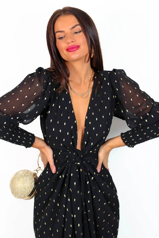 Drive 'Em Wild - Black Gold Print Midi Wrap Dress