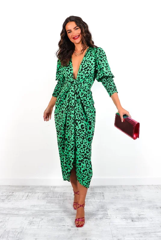 Drive Em Wild - Green Black Leopard Midi Wrap Dress