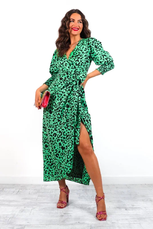 Drive Em Wild - Green Black Leopard Midi Wrap Dress