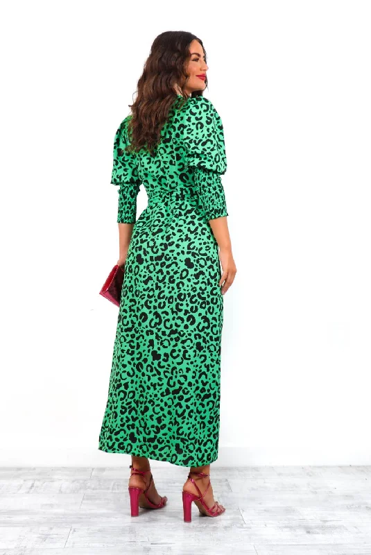 Drive Em Wild - Green Black Leopard Midi Wrap Dress