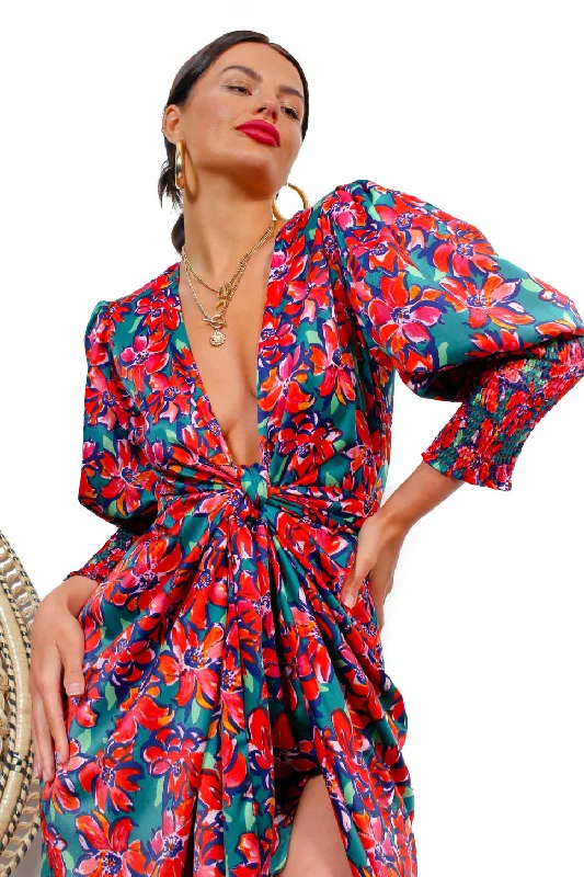 Drive Em Wild - Green Multi Floral Midi Wrap Dress