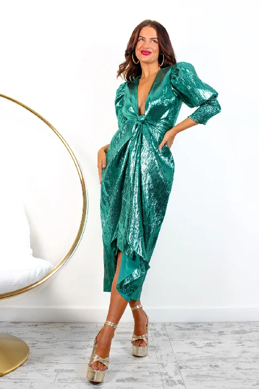 Drive Em Wild - Metallic Forest Wrap Midi Dress