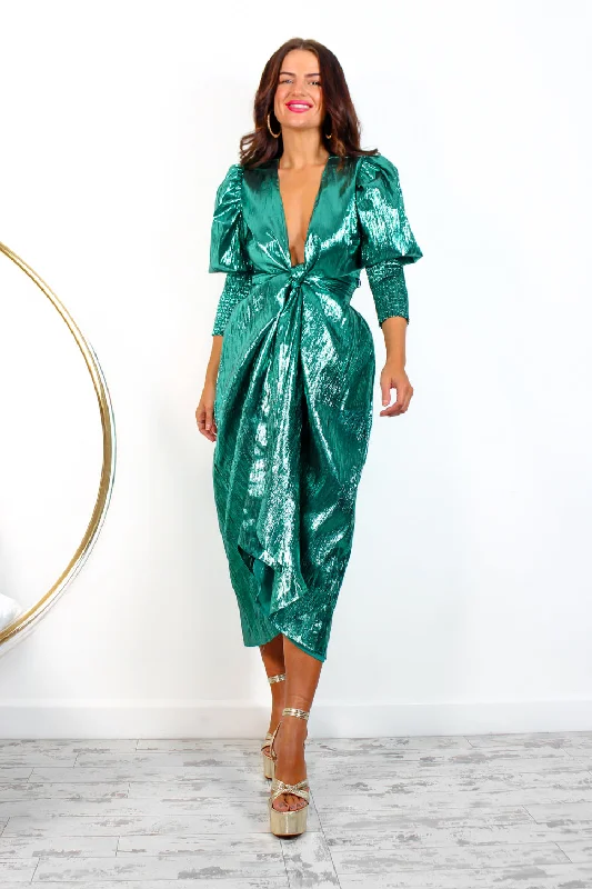 Drive Em Wild - Metallic Forest Wrap Midi Dress