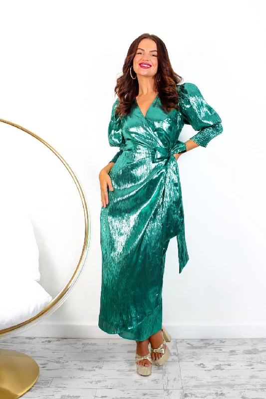 Drive Em Wild - Metallic Forest Wrap Midi Dress