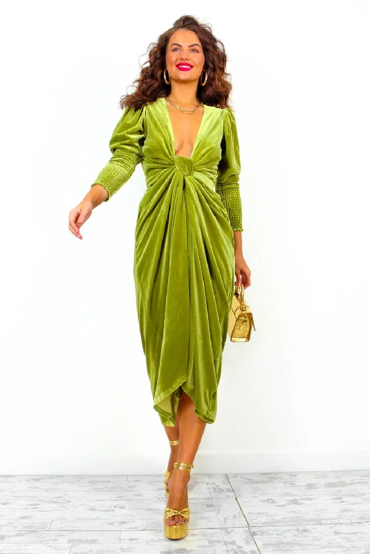 Drive Em Wild - Olive Green Velvet Midi Wrap Dress