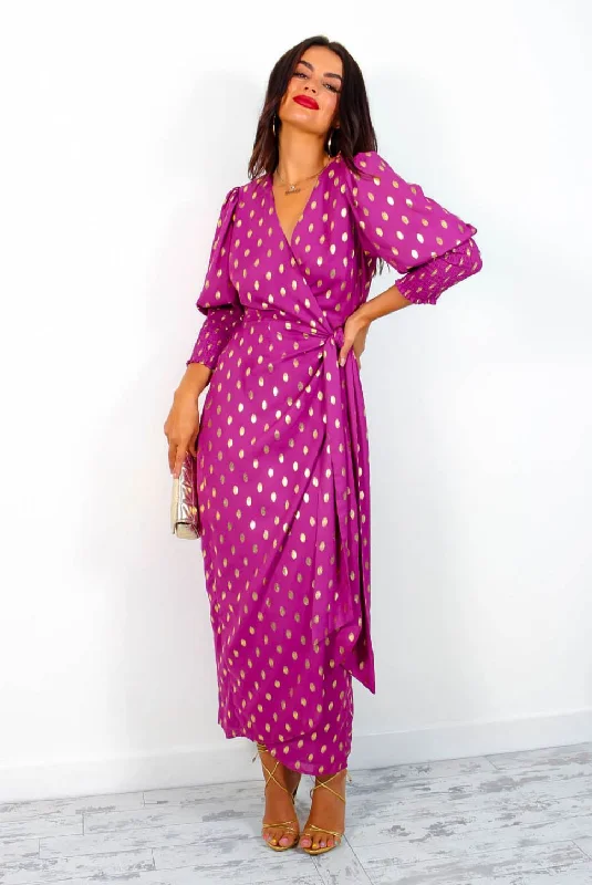 Drive Em Wild - Purple Gold Foil Spot Midi Wrap Dress