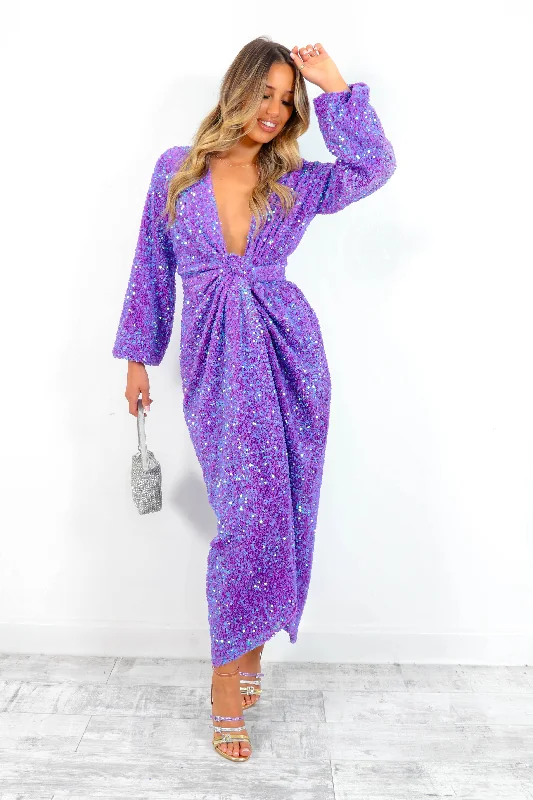 Drive Em Wild - Purple Sequin Midi Wrap Dress