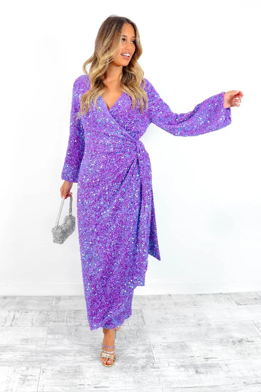 Drive Em Wild - Purple Sequin Midi Wrap Dress