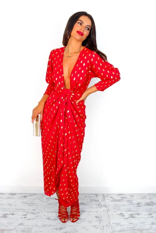 Drive Em Wild - Red Gold Foil Spot Midi Wrap Dress