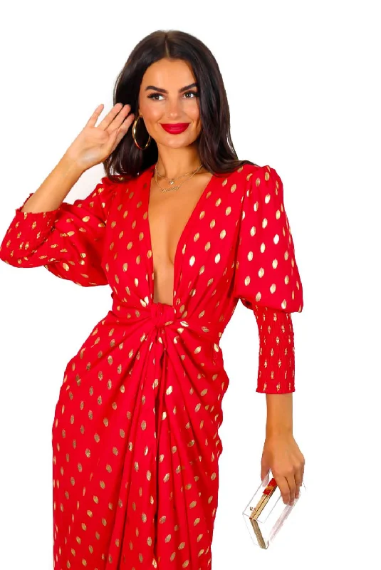 Drive Em Wild - Red Gold Foil Spot Midi Wrap Dress