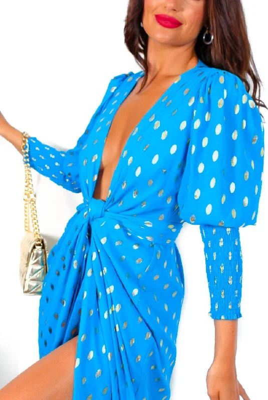 Drive Em Wild - Teal Gold Foil Spot Midi Wrap Dress