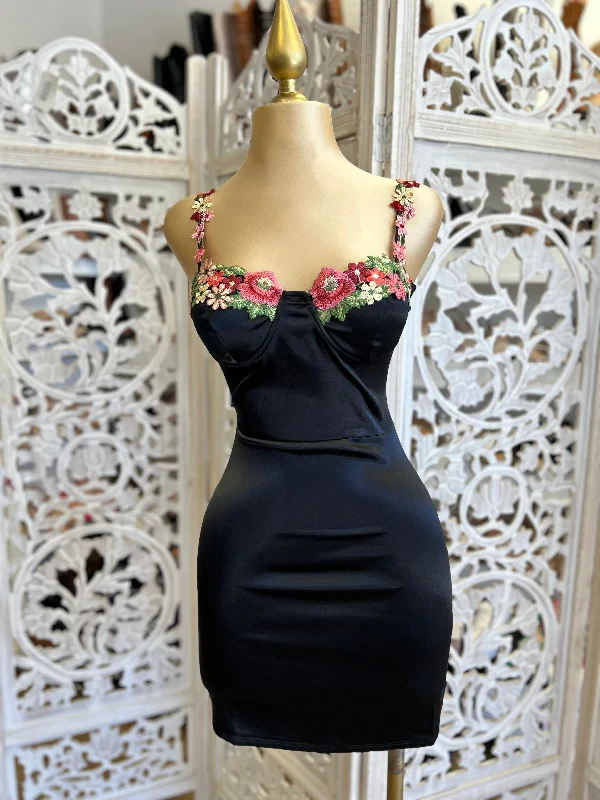 Embroidered Lace Black Satin Mini Dress- Stretchy