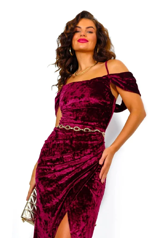 Epitome Of Elegance - Wine Velvet Cowl Neck Midi Dress