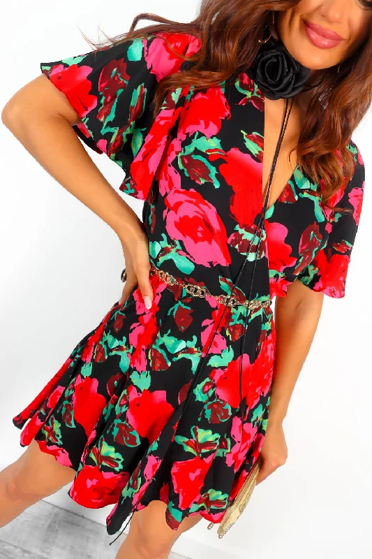 Escape The Ordinary - Black Fuchsia Floral Mini Dress