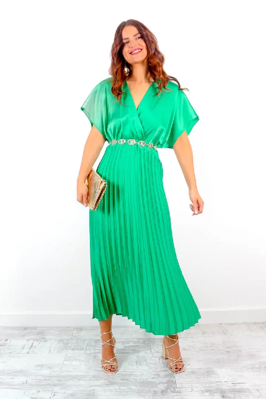 Eternal - Green Pleated Satin Midi Dress