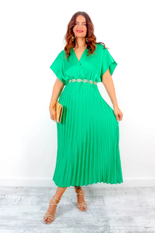 Eternal - Green Pleated Satin Midi Dress