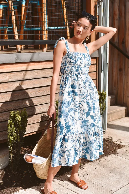 Faro Blue and White Floral Midi Dress