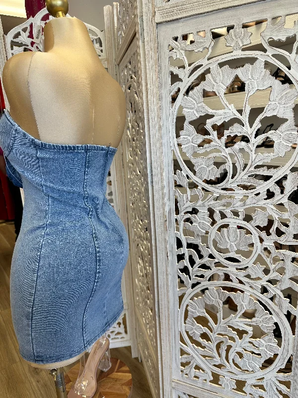 Flower Detail Denim Mini Dress- Slightly Stretchy