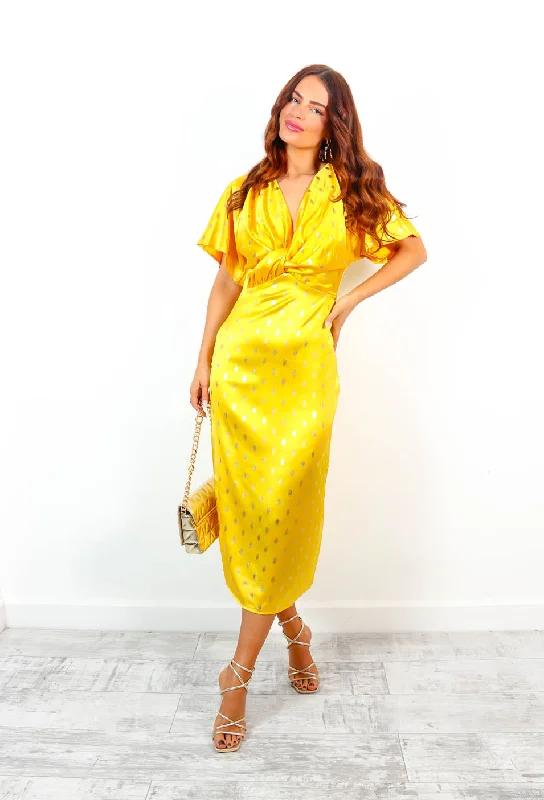 Knot Your Average - Mustard Gold Foil Midi Dress