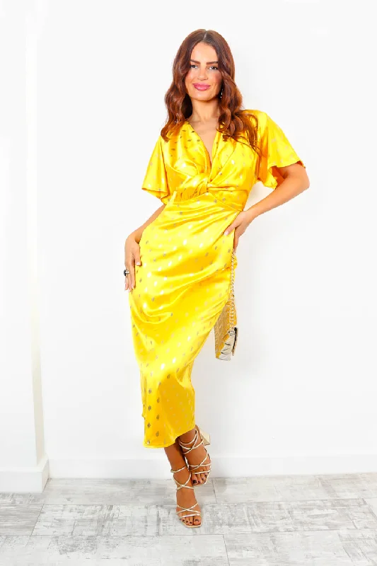 Knot Your Average - Mustard Gold Foil Midi Dress