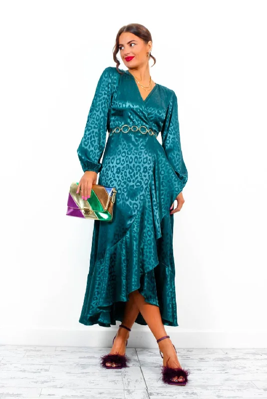 Frilled To Be Here - Forest Leopard Jacquard Midi Wrap Dress