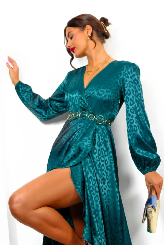 Frilled To Be Here - Forest Leopard Jacquard Midi Wrap Dress