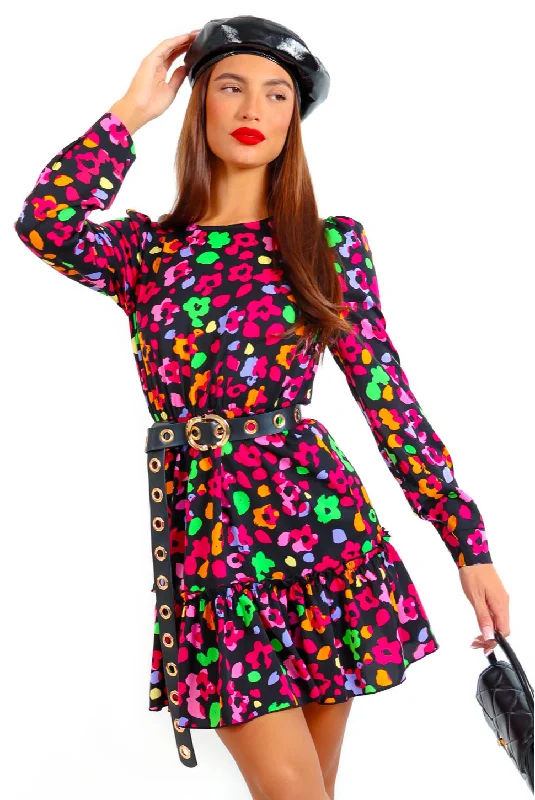 Good Vibes Only - Black Multi Abstract Floral Mini Dress