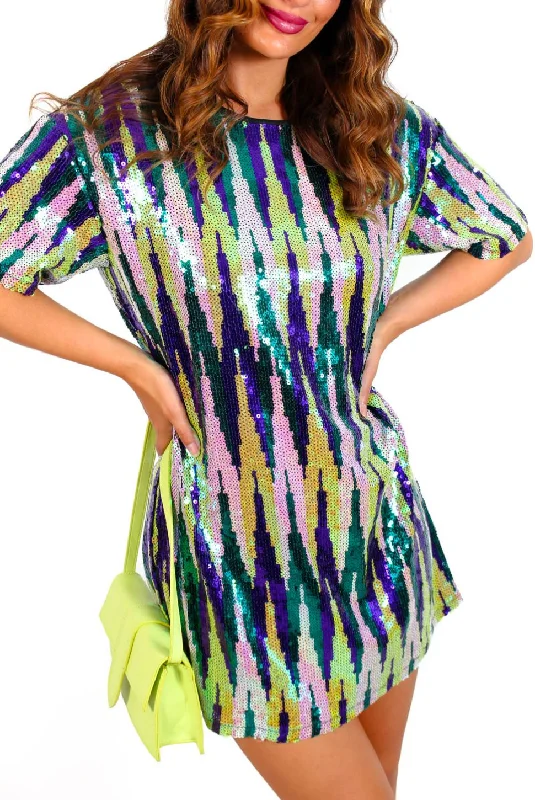 Hide and Sequin - Purple Green Zig Zag Mini Dress