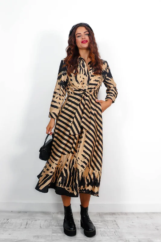 Hottie With Ambition - Black Beige Stripe Printed Midi Sleeve